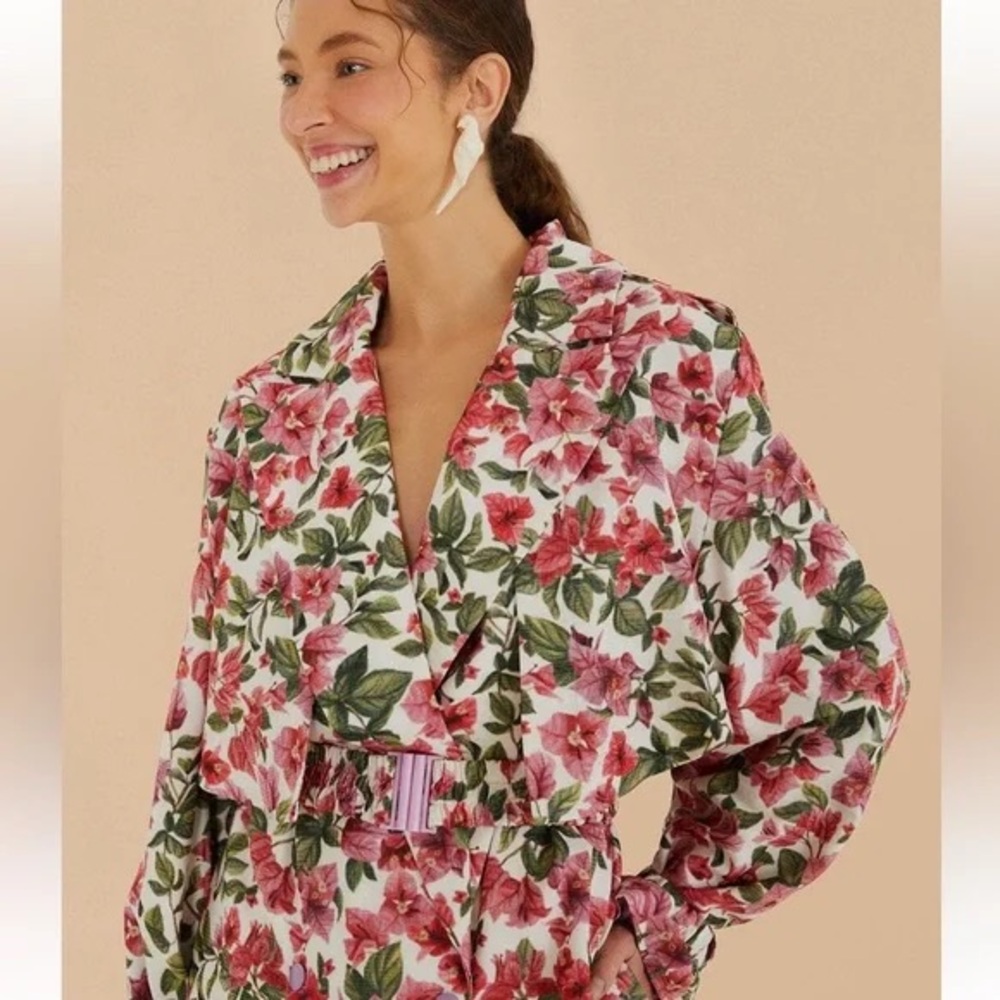 NWT FARM Rio Halftone Pink Bouganvillea Oversized Trench Coat Size Medium - Picture 3 of 15